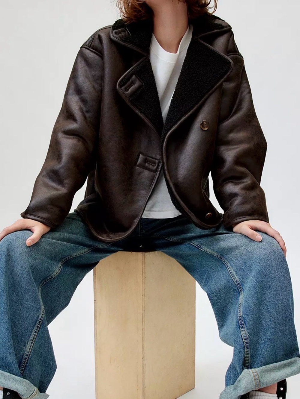BDG Urban Outfitters Parker Faux Shearling Leather Jacket Brown S Petite